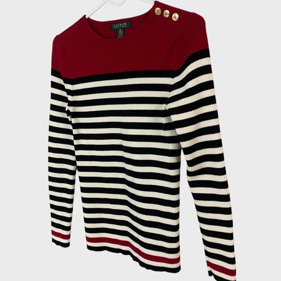 Lauren Ralph Lauren Rib-Knit Sweater Womens Medium Black White Striped Crewneck - Picture 2 of 12